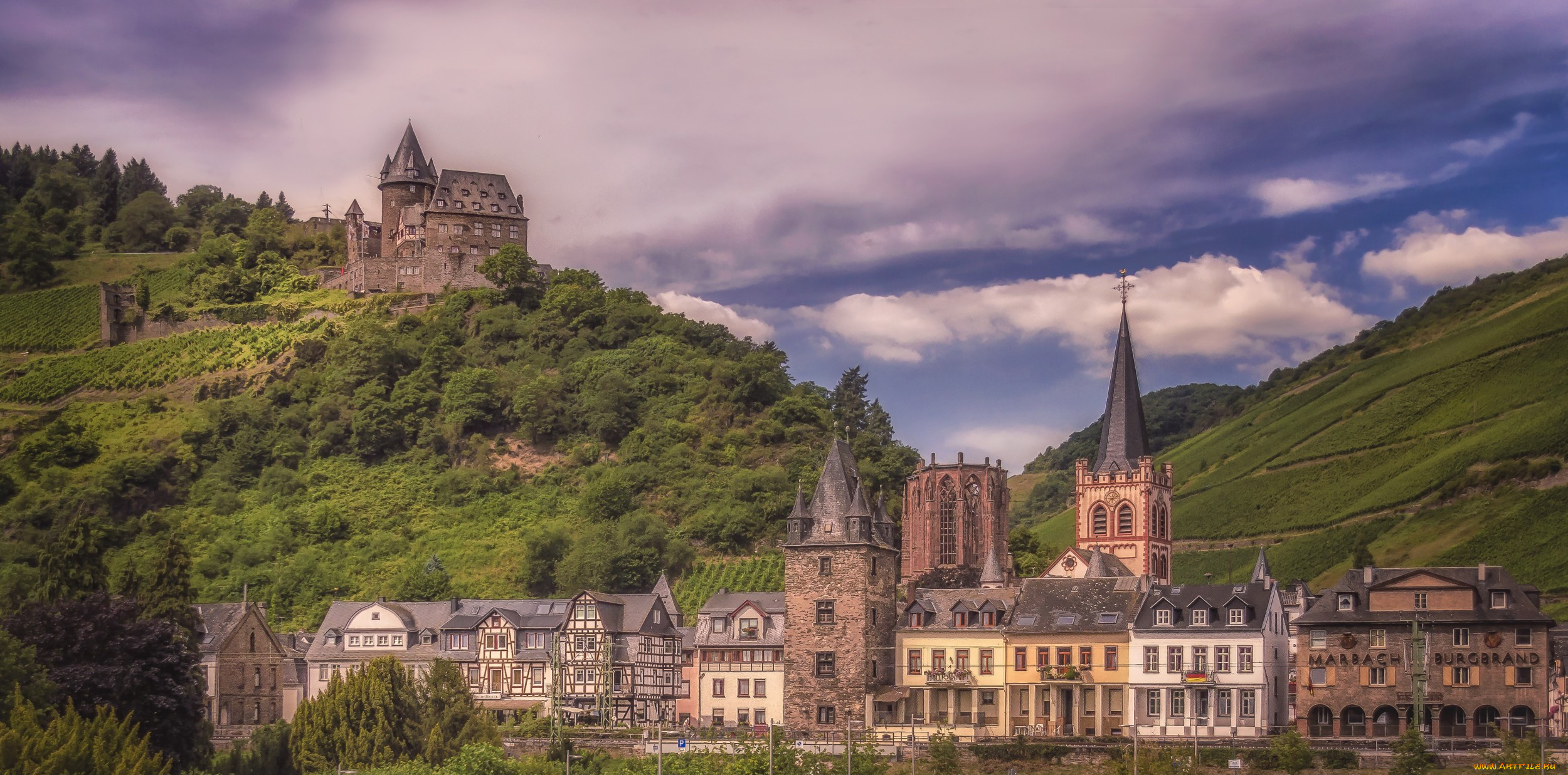 town bacharch viewed from the rhine in germany, ,  , 